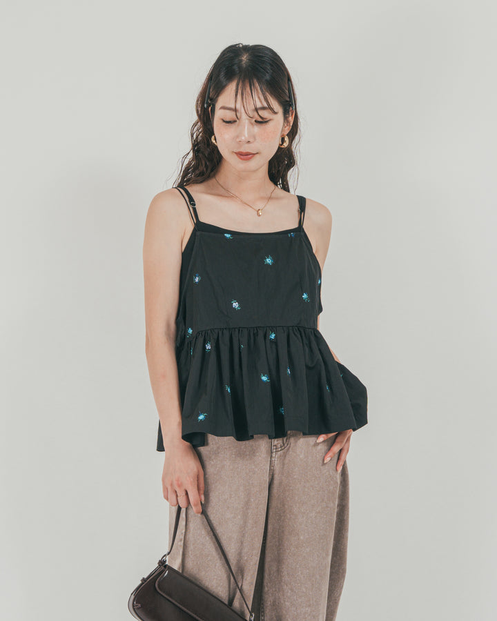 ［SET］Flower刺繍　ボリュームキャミ + 10oz サイドタック リラックスデニムパンツ（2SET）