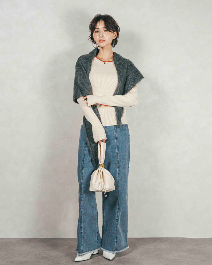 バイカラークルーネックニットトップス（IVORY x ORENGE）