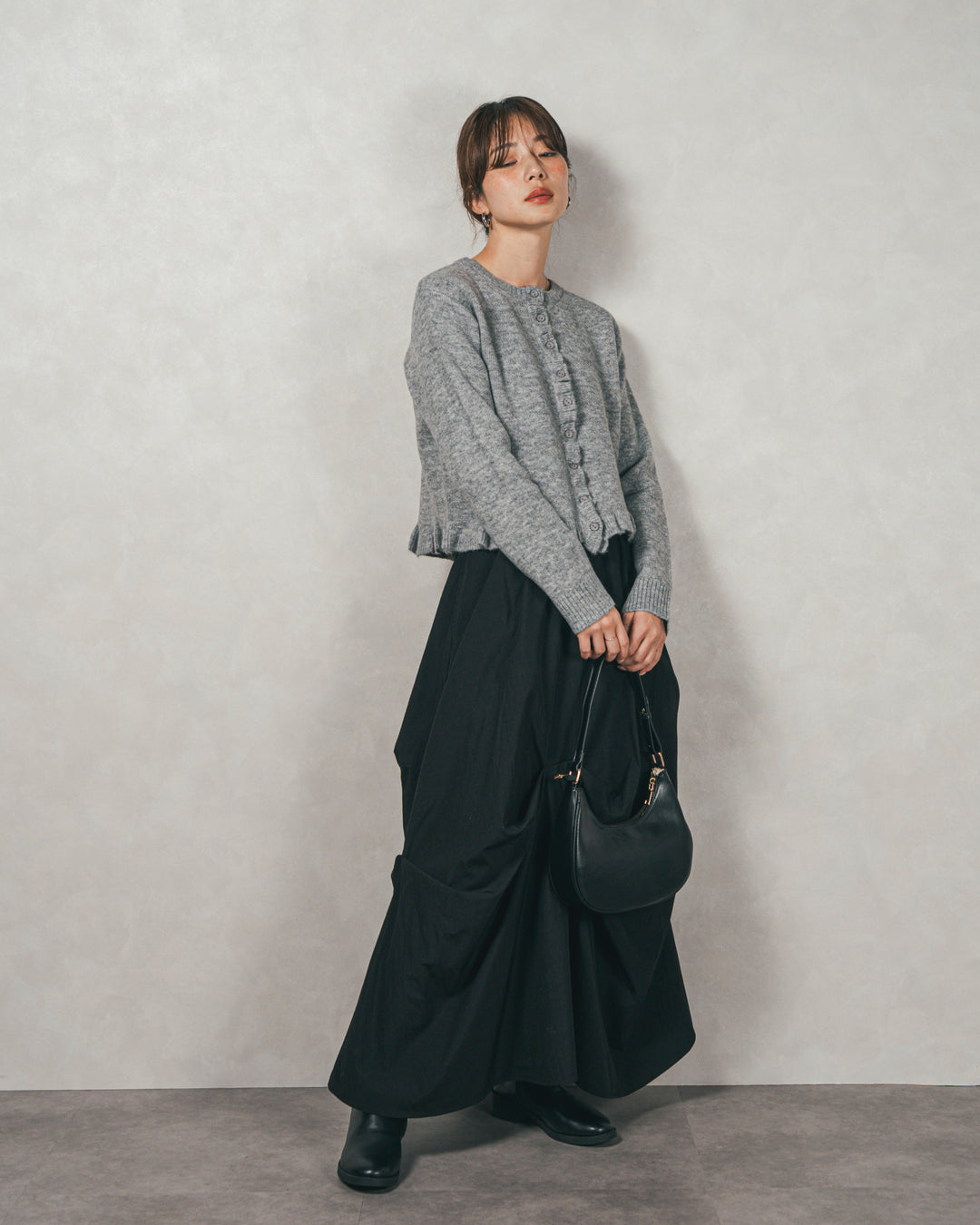 フロントフリルメランジニットカーデ（GREY）