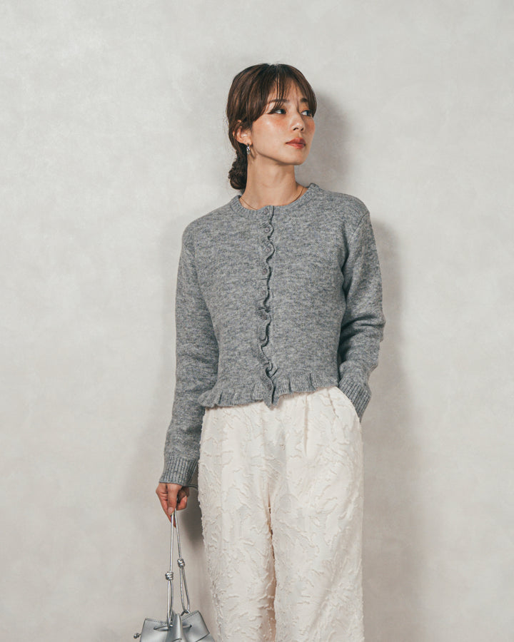 ［SET］フロントフリルメランジニットカーデ+フリンジジャガードリラックスパンツ（2SET）