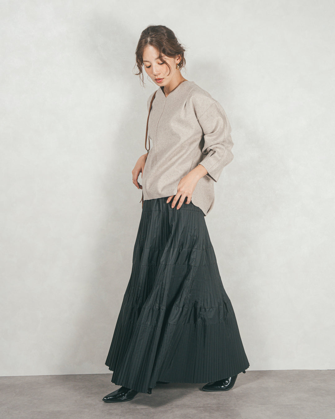 プリーツティアードLongスカート (BLACK)