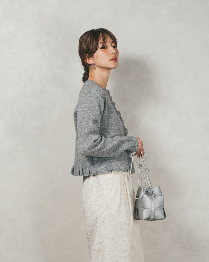 ［SET］フロントフリルメランジニットカーデ+フリンジジャガードリラックスパンツ（2SET）