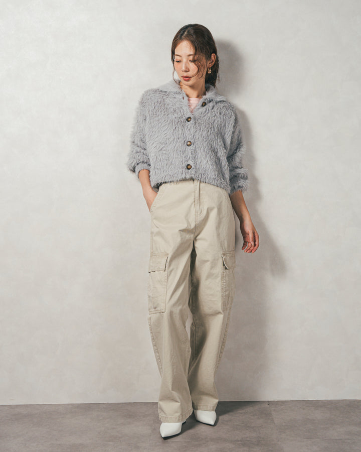 ［SET］フェザーヤーン 衿付きカーディガン+ピグメントツイルカーゴパンツ（2SET）