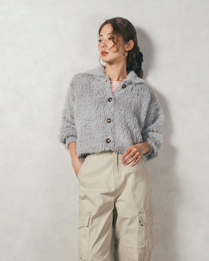 ［SET］フェザーヤーン 衿付きカーディガン+ピグメントツイルカーゴパンツ（2SET）