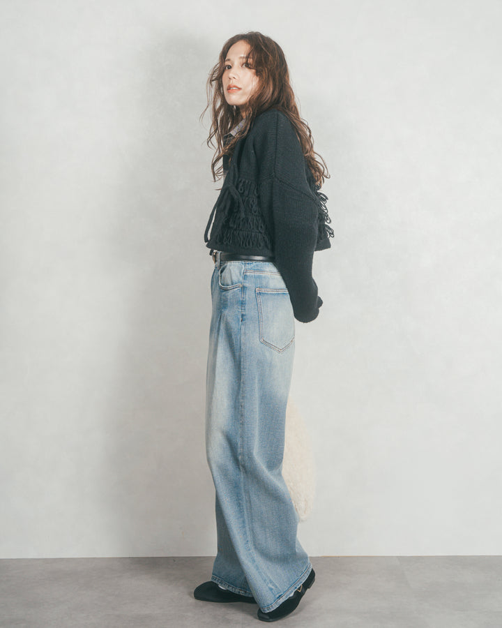［SET］ループ編みフリンジカーディガン+ワイドTuckイージーデニム（2SET）