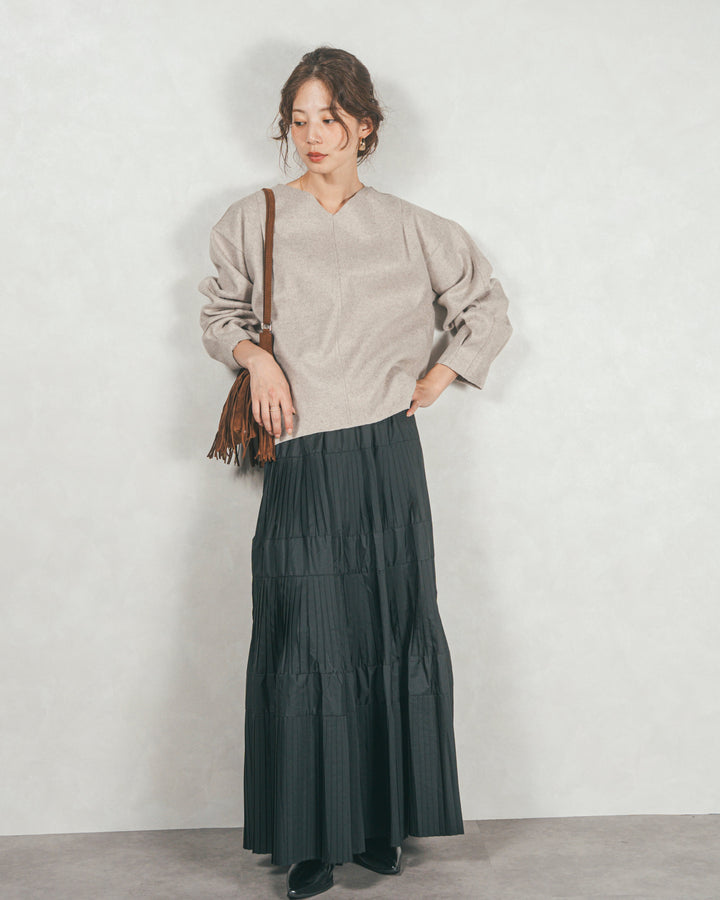 ［SET］Smoothニットソー Vネックプルオーバー+プリーツティアードLongスカート
