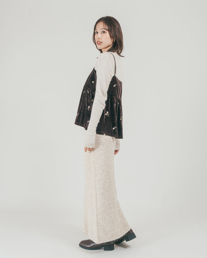 ［SET］Flower刺繍 ベロアペプラムキャミ + モヘア Narrowニットスカート（2SET）