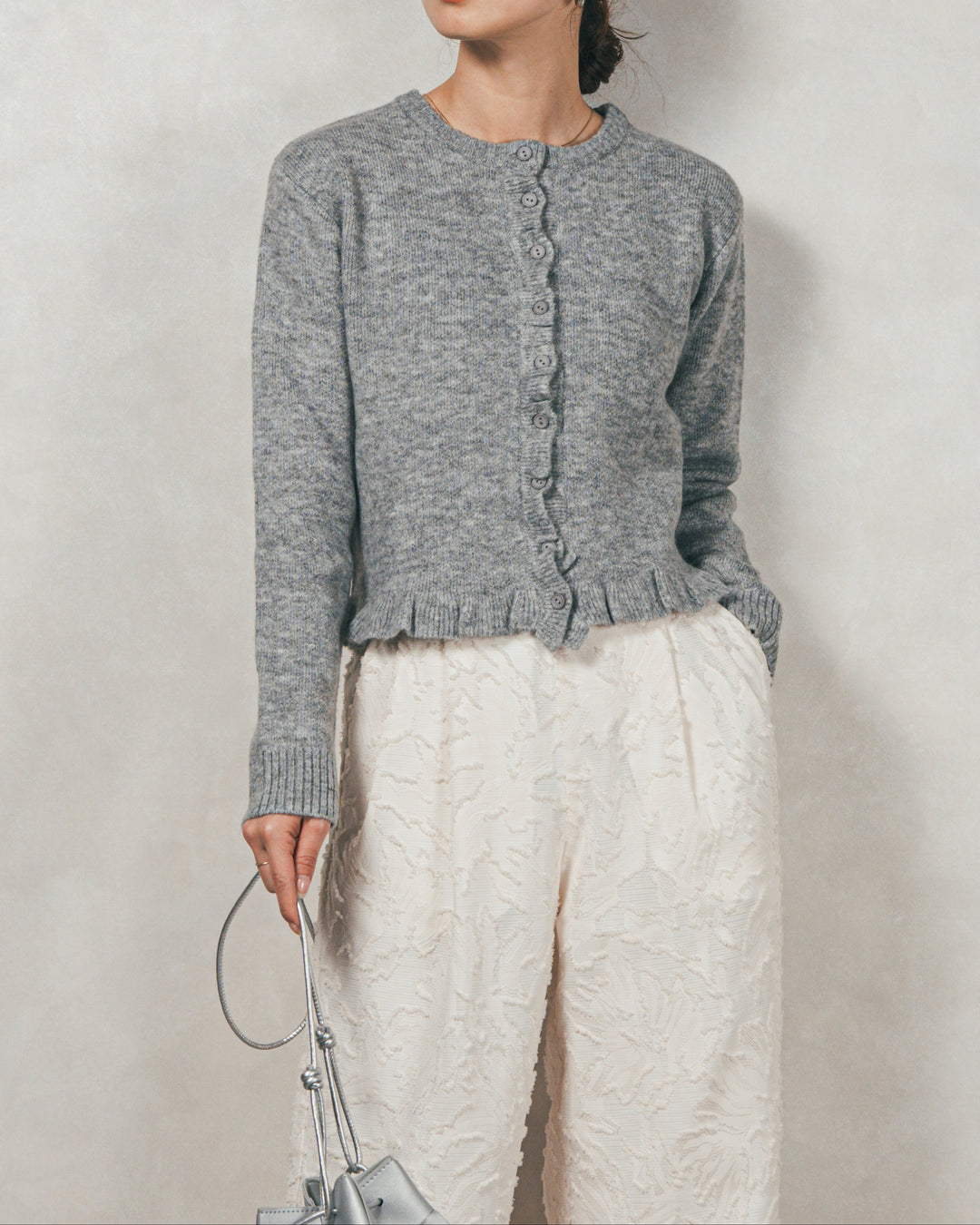 ［SET］フロントフリルメランジニットカーデ+フリンジジャガードリラックスパンツ（2SET）