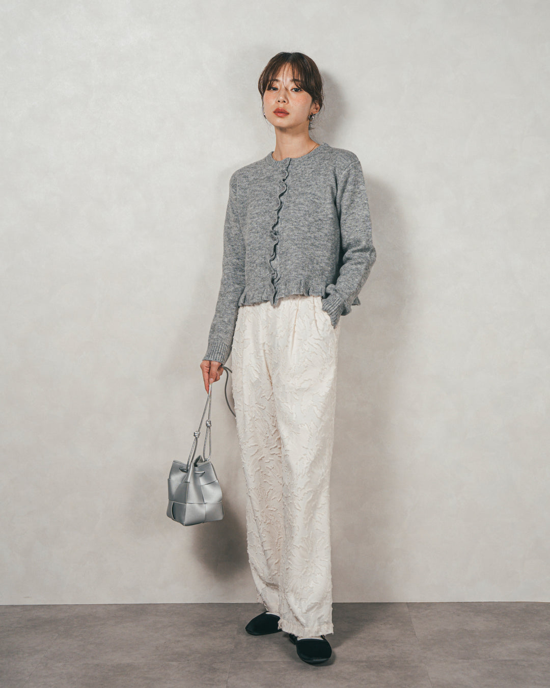 フロントフリルメランジニットカーデ（GREY）