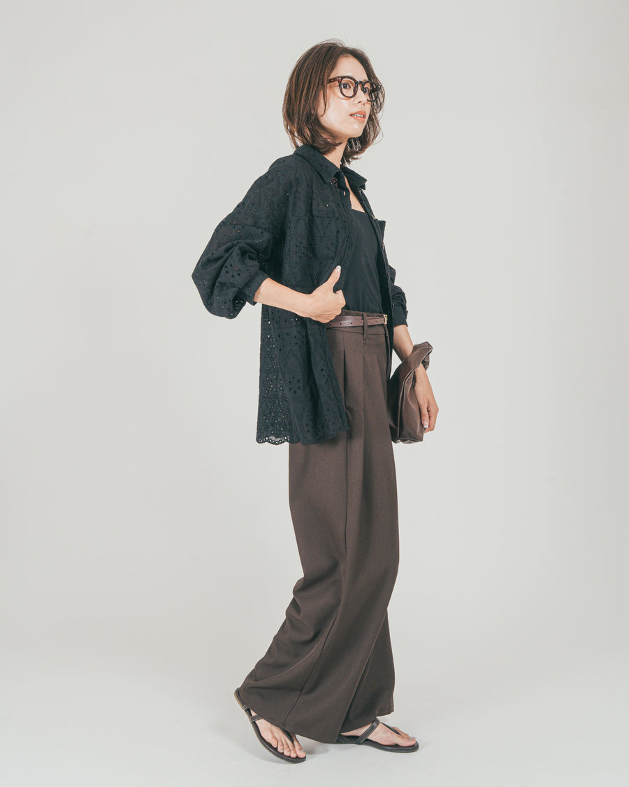 ［SET］コットンフラワーレースシャツ + ダブルタック ハイウエストワイドパンツ（2SET）