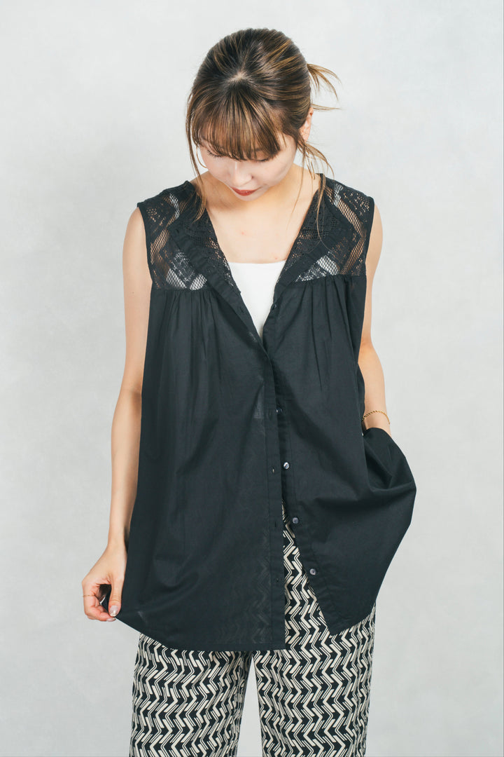 コットンレースサマーブラウス (BLACK)
