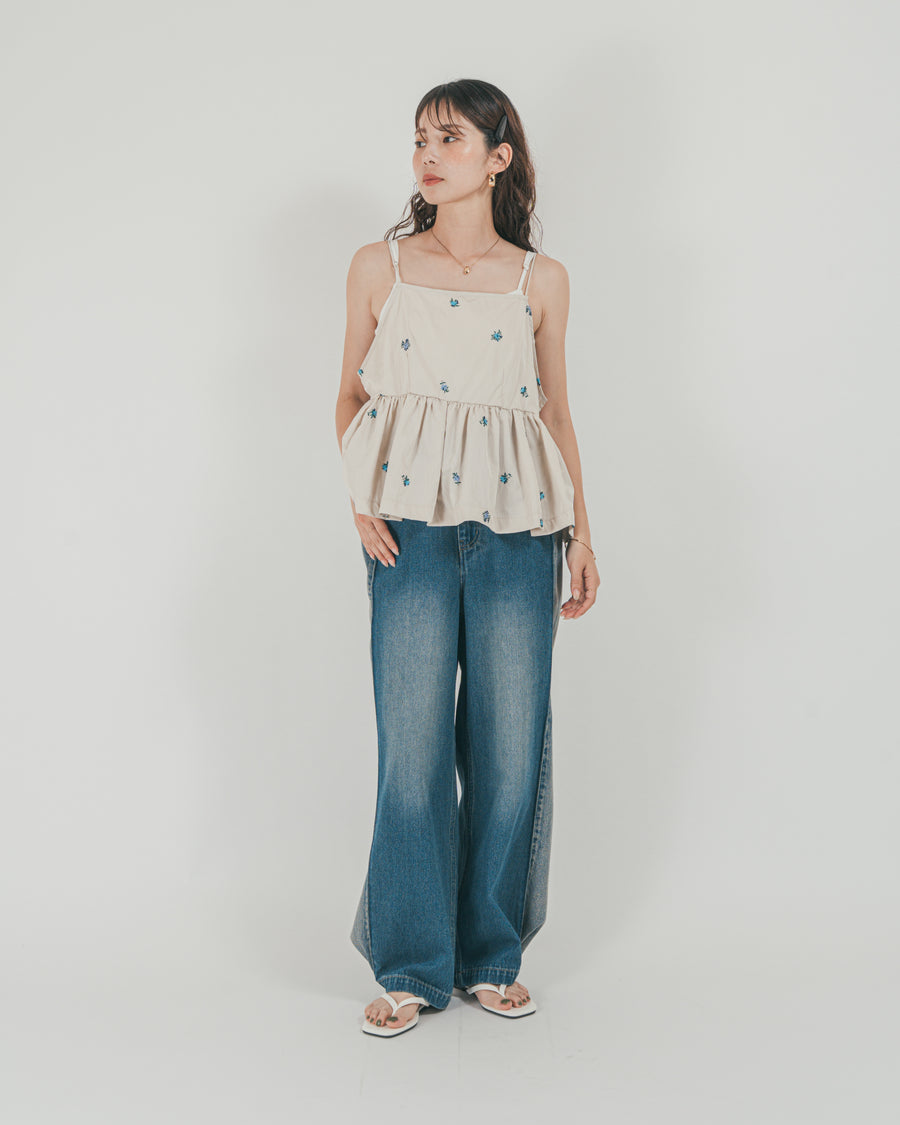 ［SET］Flower刺繍　ボリュームキャミ + 10oz サイドタック リラックスデニムパンツ（2SET）