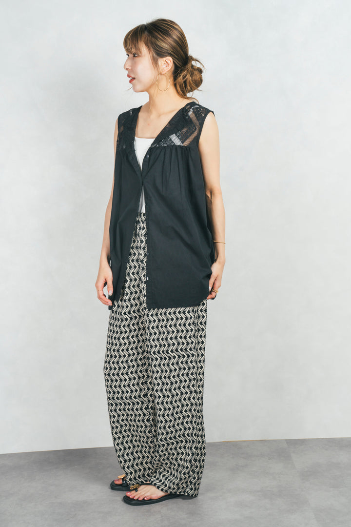 コットンレースサマーブラウス (BLACK)