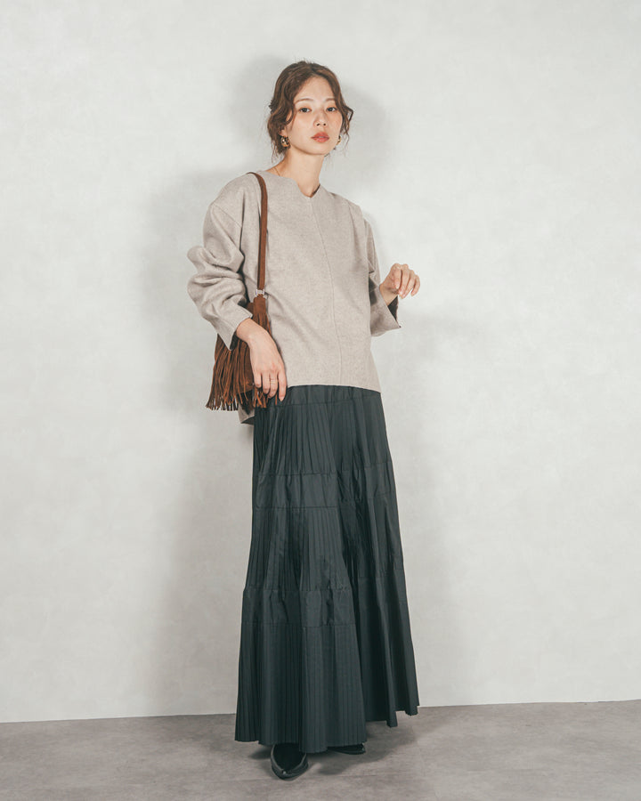 ［SET］Smoothニットソー Vネックプルオーバー+プリーツティアードLongスカート