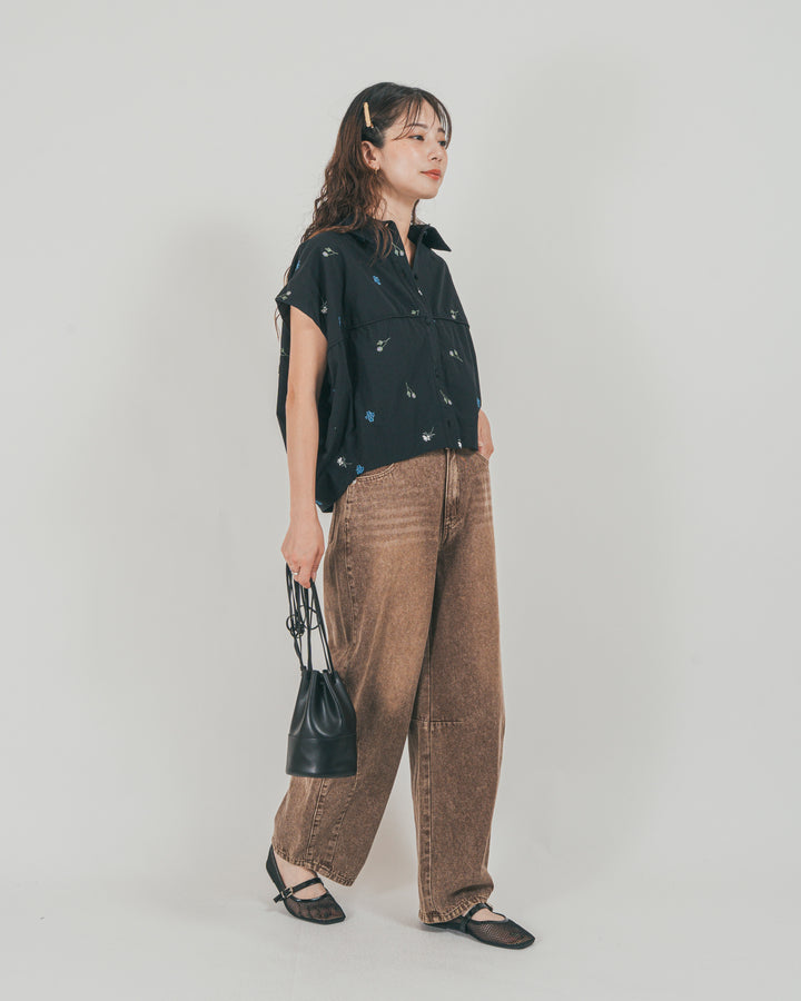 ［SET］Flower刺繍コクーンシャツ + ウエストデザイン カーブデニム（2SET）