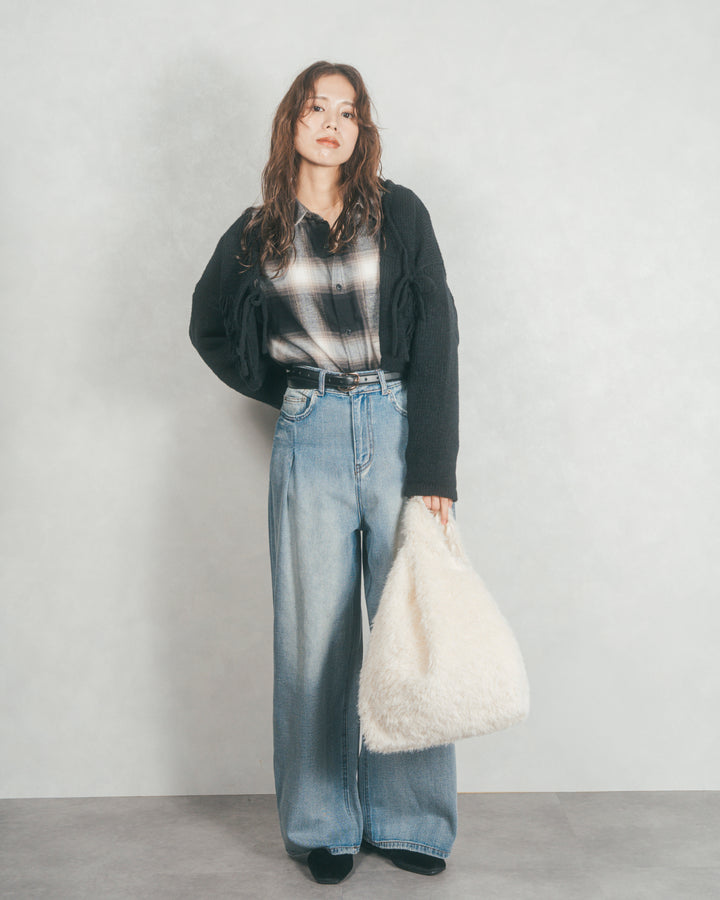 ［SET］ループ編みフリンジカーディガン+ワイドTuckイージーデニム（2SET）