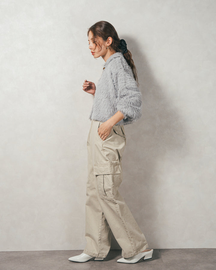 ［SET］フェザーヤーン 衿付きカーディガン+ピグメントツイルカーゴパンツ（2SET）