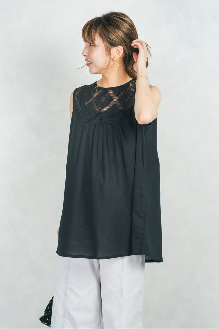 コットンレースサマーブラウス (BLACK)