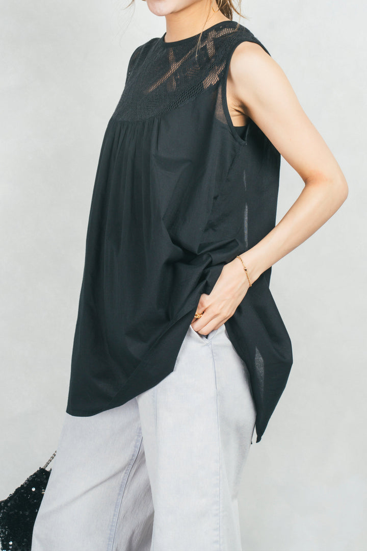 コットンレースサマーブラウス (BLACK)