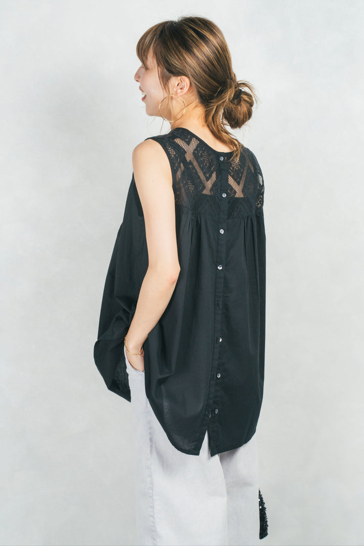 コットンレースサマーブラウス (BLACK)