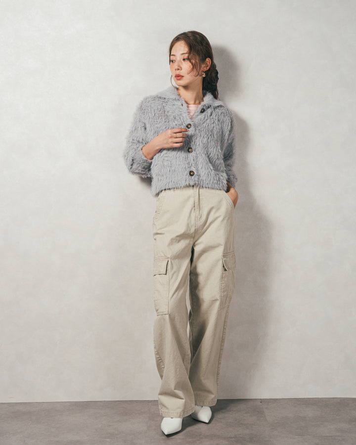 ［SET］フェザーヤーン 衿付きカーディガン+ピグメントツイルカーゴパンツ（2SET）