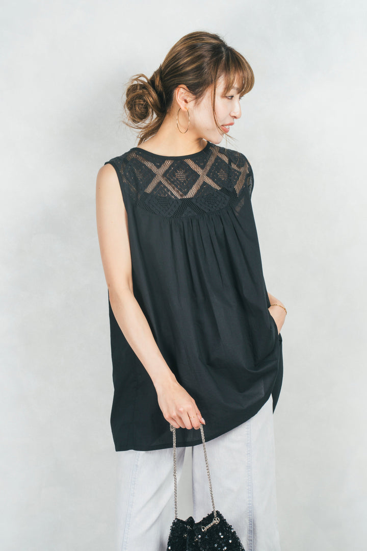 コットンレースサマーブラウス (BLACK)