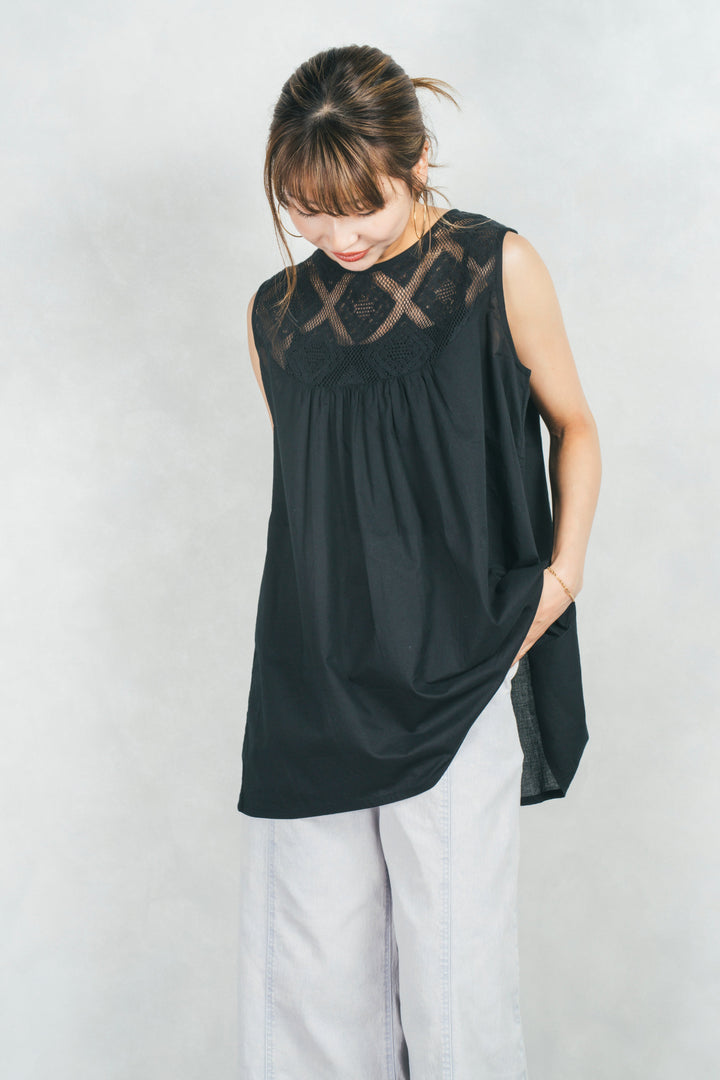 コットンレースサマーブラウス (BLACK)