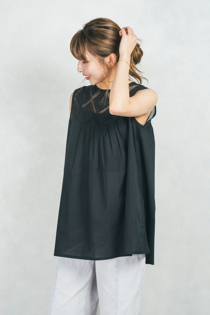 コットンレースサマーブラウス (BLACK)