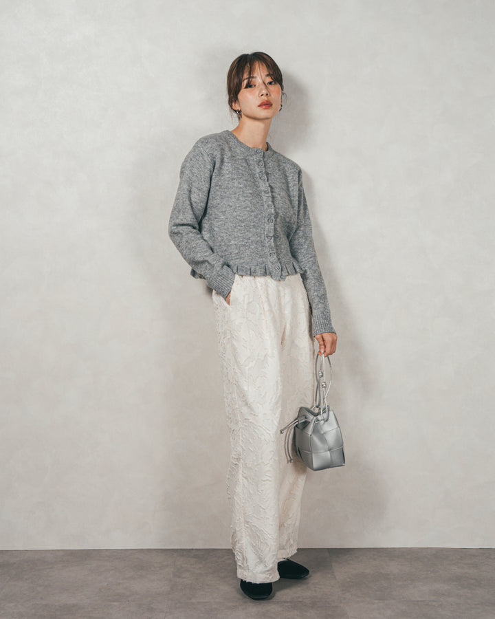 ［SET］フロントフリルメランジニットカーデ+フリンジジャガードリラックスパンツ（2SET）