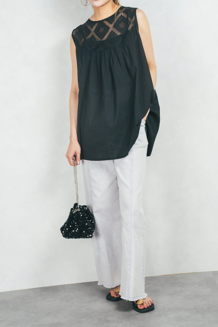 コットンレースサマーブラウス (BLACK)