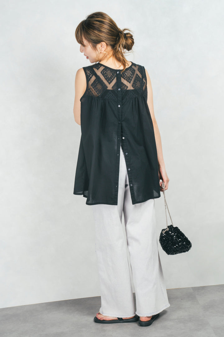 コットンレースサマーブラウス (BLACK)