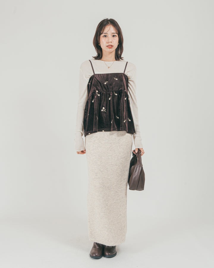 ［SET］Flower刺繍 ベロアペプラムキャミ + モヘア Narrowニットスカート（2SET）
