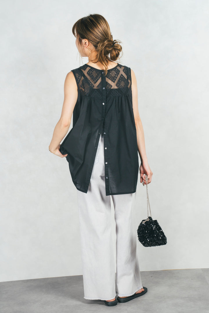 コットンレースサマーブラウス (BLACK)