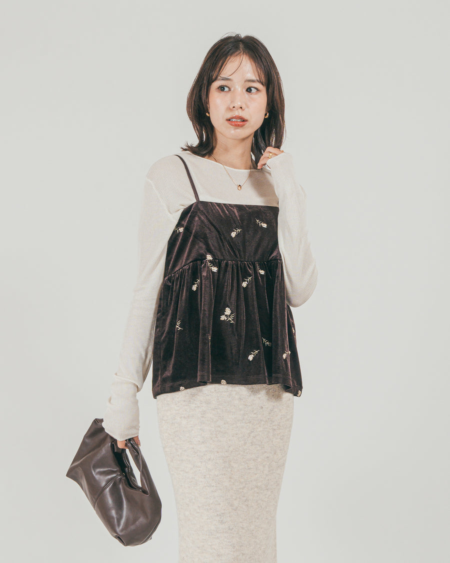 ［SET］Flower刺繍 ベロアペプラムキャミ + モヘア Narrowニットスカート（2SET）