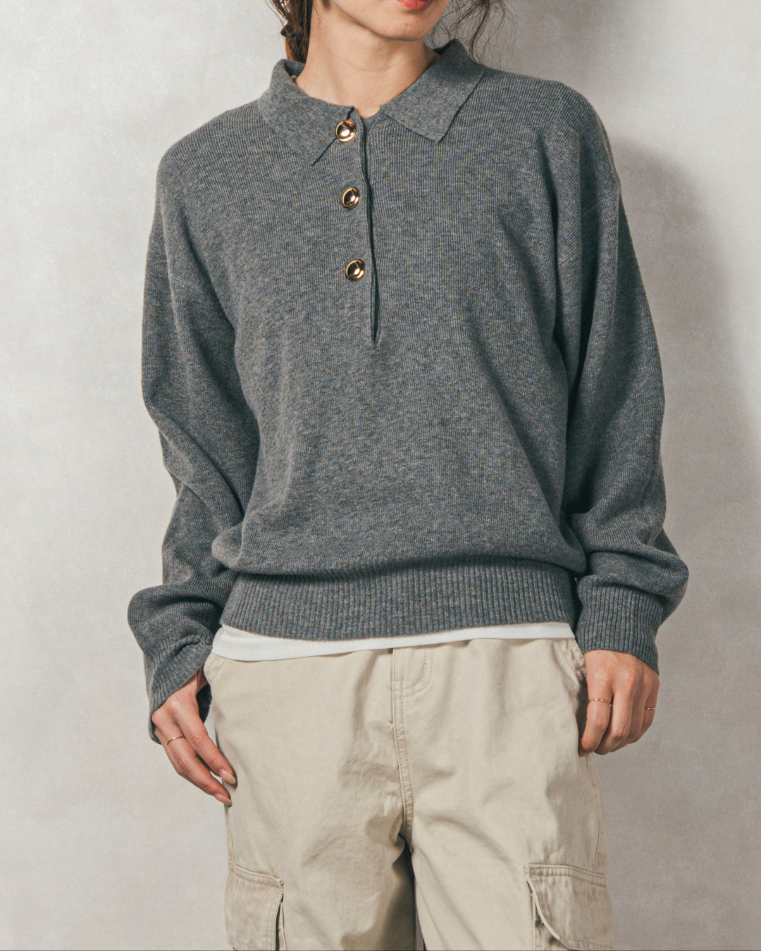 ［SET］ボタンデザインポロニット+ピグメントツイルカーゴパンツ（2SET）