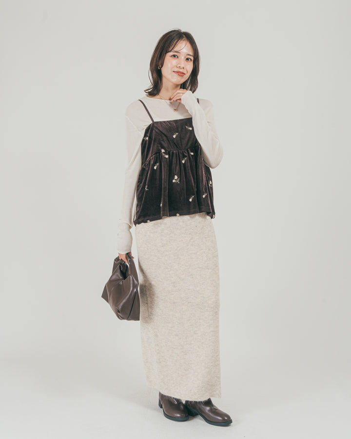 ［SET］Flower刺繍 ベロアペプラムキャミ + モヘア Narrowニットスカート（2SET）