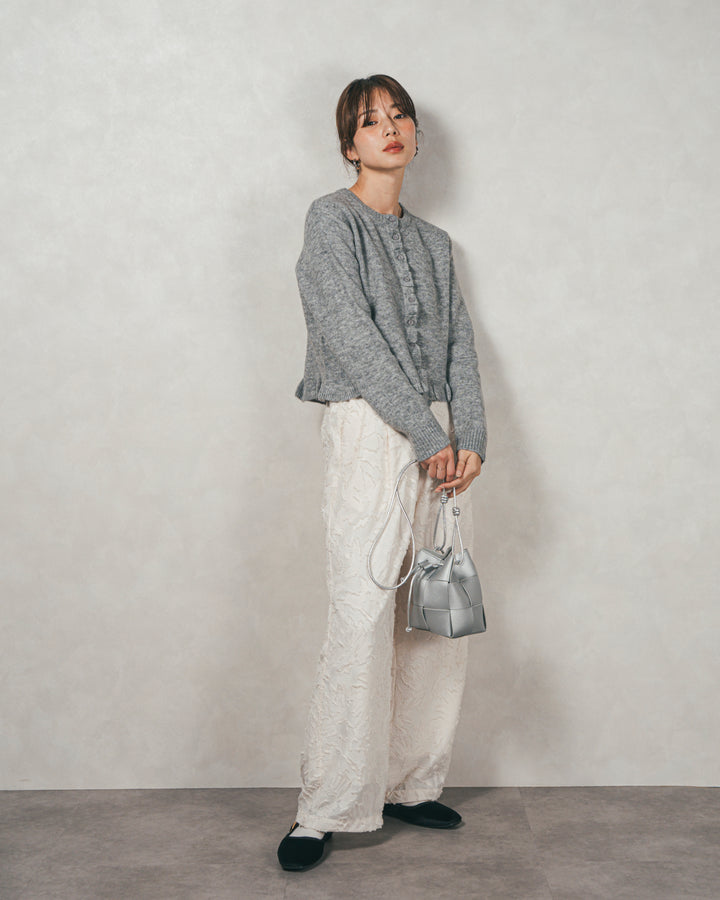 ［SET］フロントフリルメランジニットカーデ+フリンジジャガードリラックスパンツ（2SET）