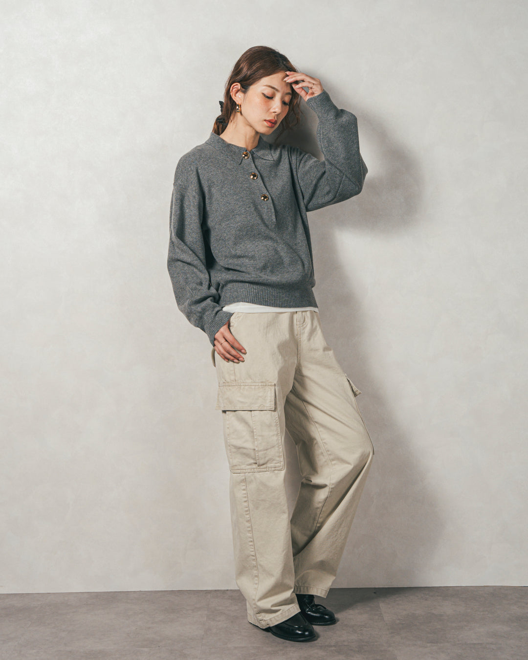 ［SET］ボタンデザインポロニット+ピグメントツイルカーゴパンツ（2SET）