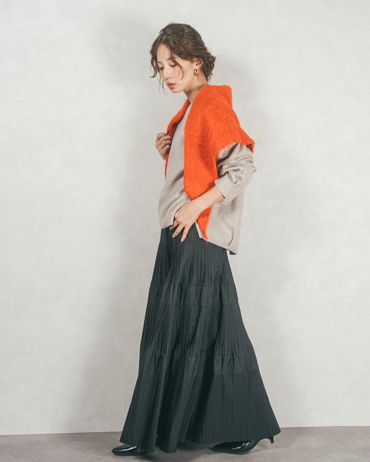 ［SET］Smoothニットソー Vネックプルオーバー+プリーツティアードLongスカート