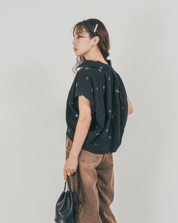 ［SET］Flower刺繍コクーンシャツ + ウエストデザイン カーブデニム（2SET）