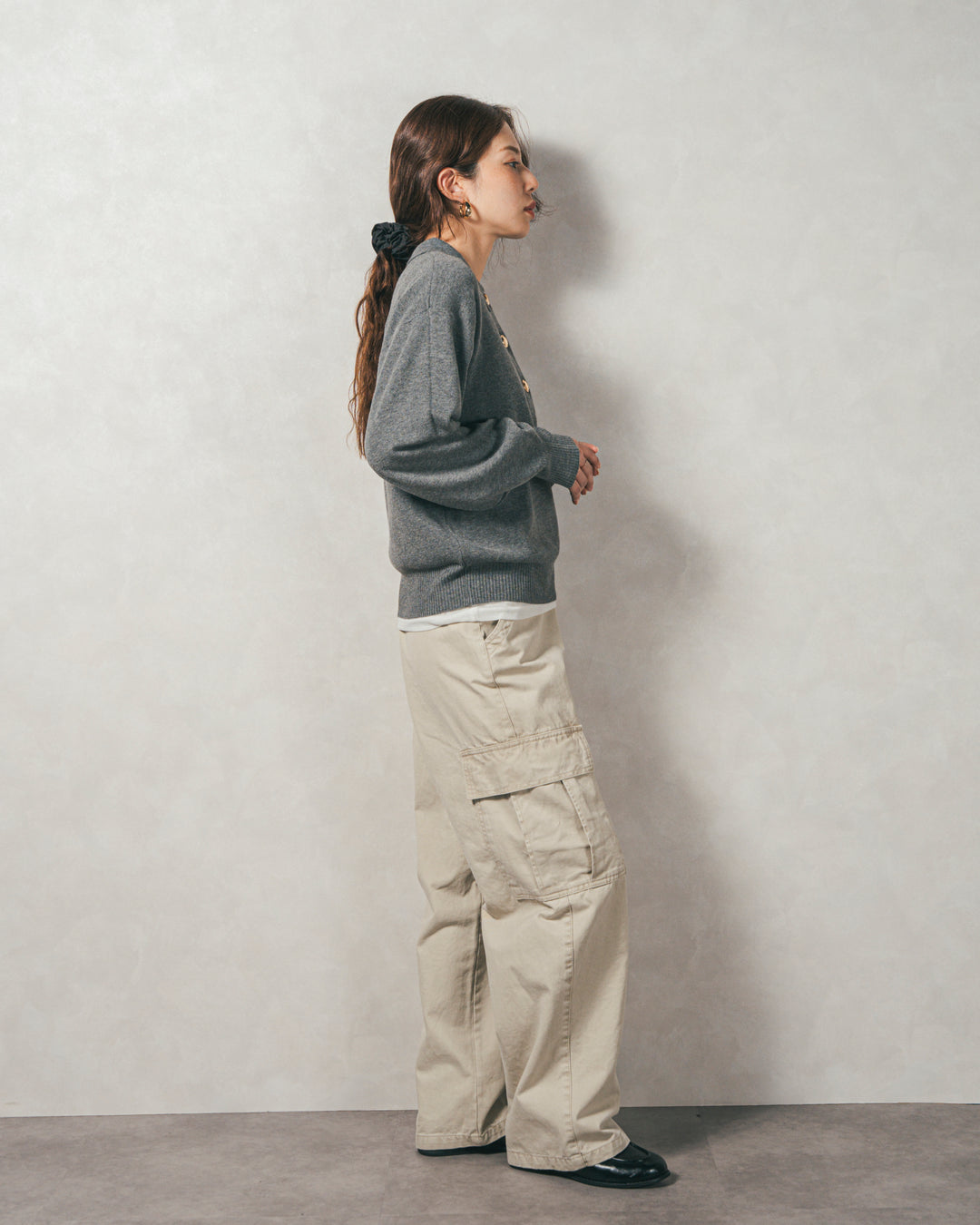 ［SET］ボタンデザインポロニット+ピグメントツイルカーゴパンツ（2SET）