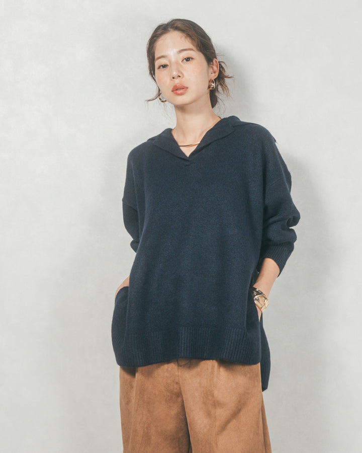サイドスリット襟付きスキッパーニット (NAVY)