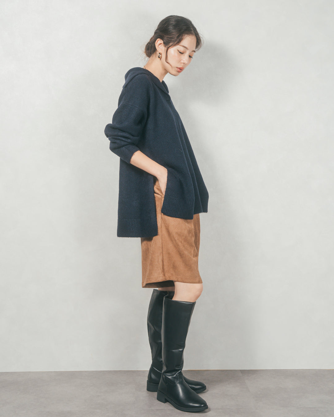 サイドスリット襟付きスキッパーニット (NAVY)