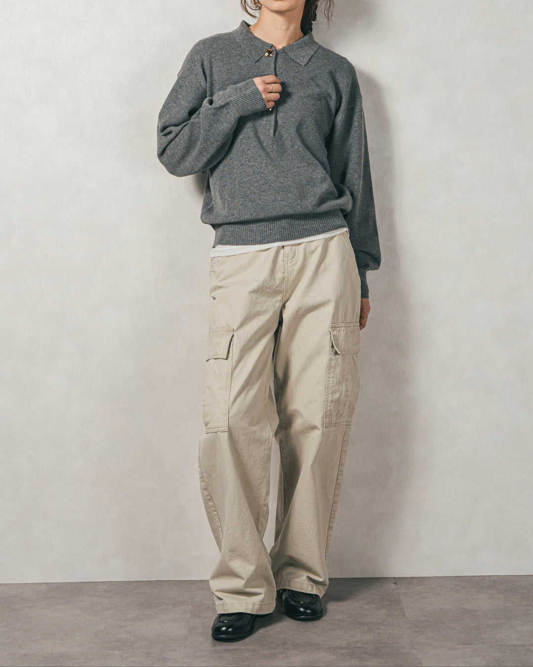 ［SET］ボタンデザインポロニット+ピグメントツイルカーゴパンツ（2SET）