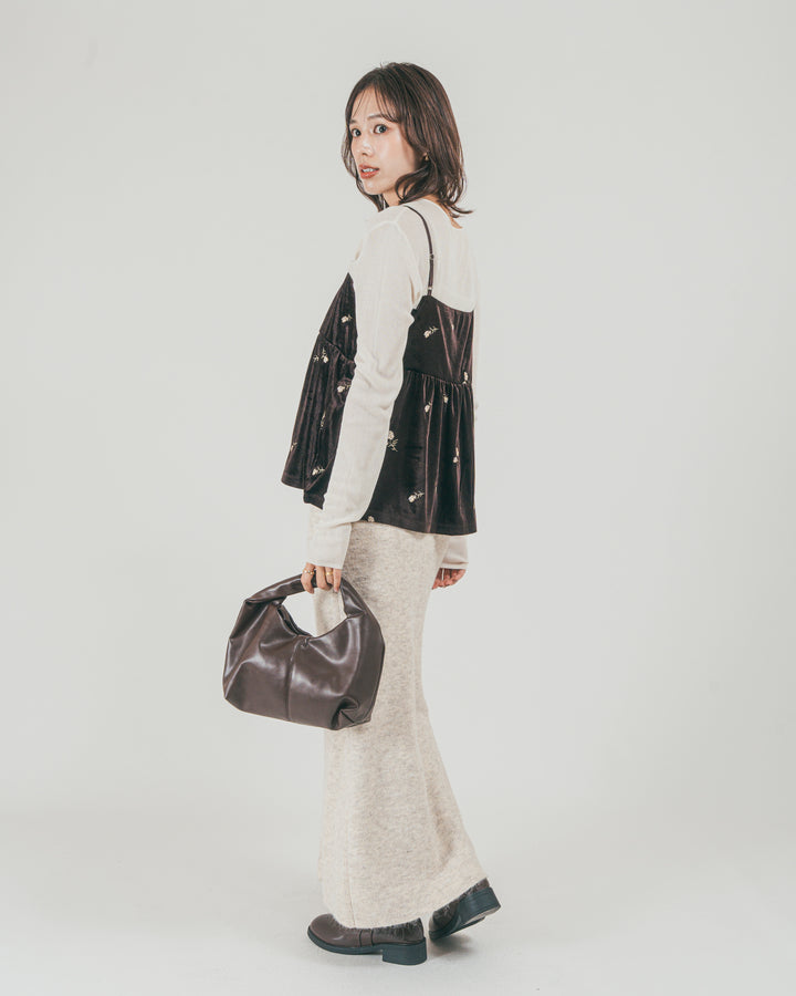［SET］Flower刺繍 ベロアペプラムキャミ + モヘア Narrowニットスカート（2SET）