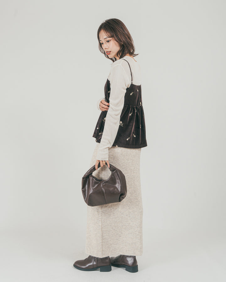 ［SET］Flower刺繍 ベロアペプラムキャミ + モヘア Narrowニットスカート（2SET）