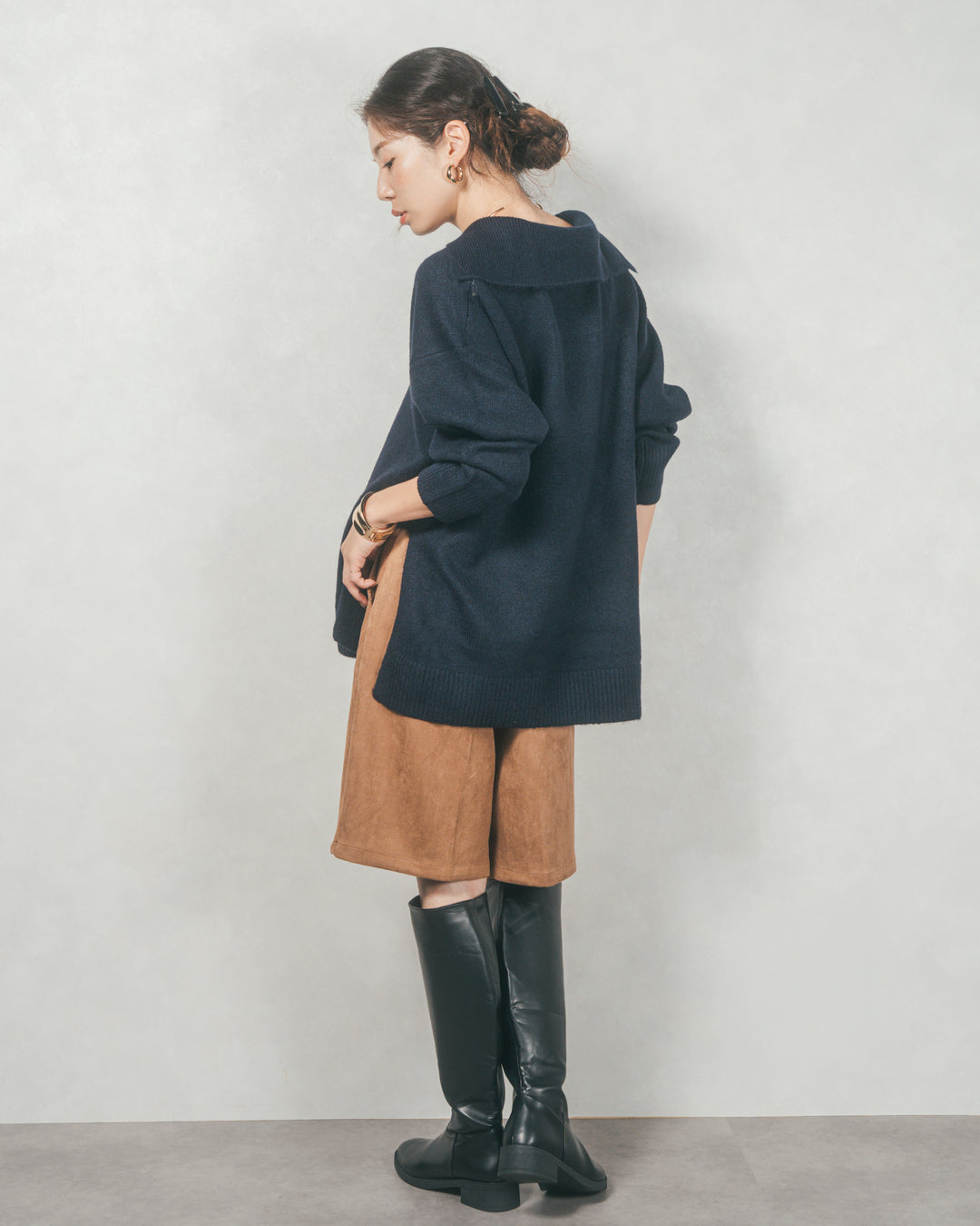 サイドスリット襟付きスキッパーニット (NAVY)