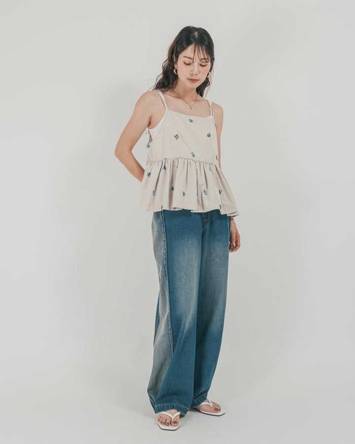 ［SET］Flower刺繍　ボリュームキャミ + 10oz サイドタック リラックスデニムパンツ（2SET）