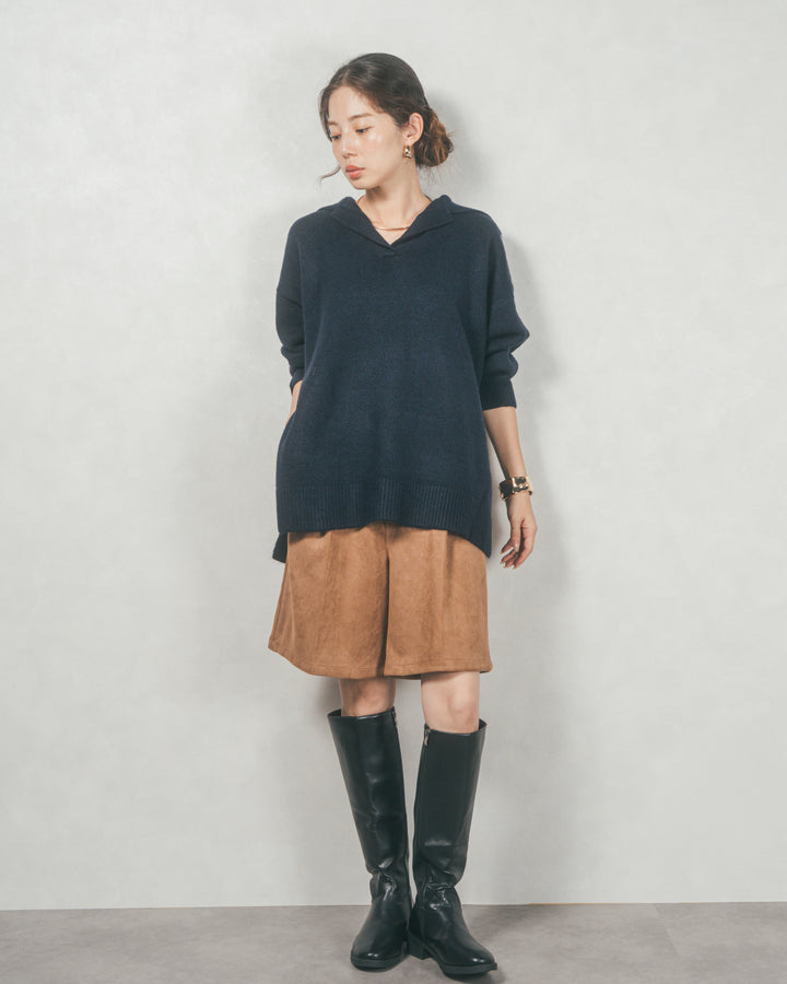 サイドスリット襟付きスキッパーニット (NAVY)