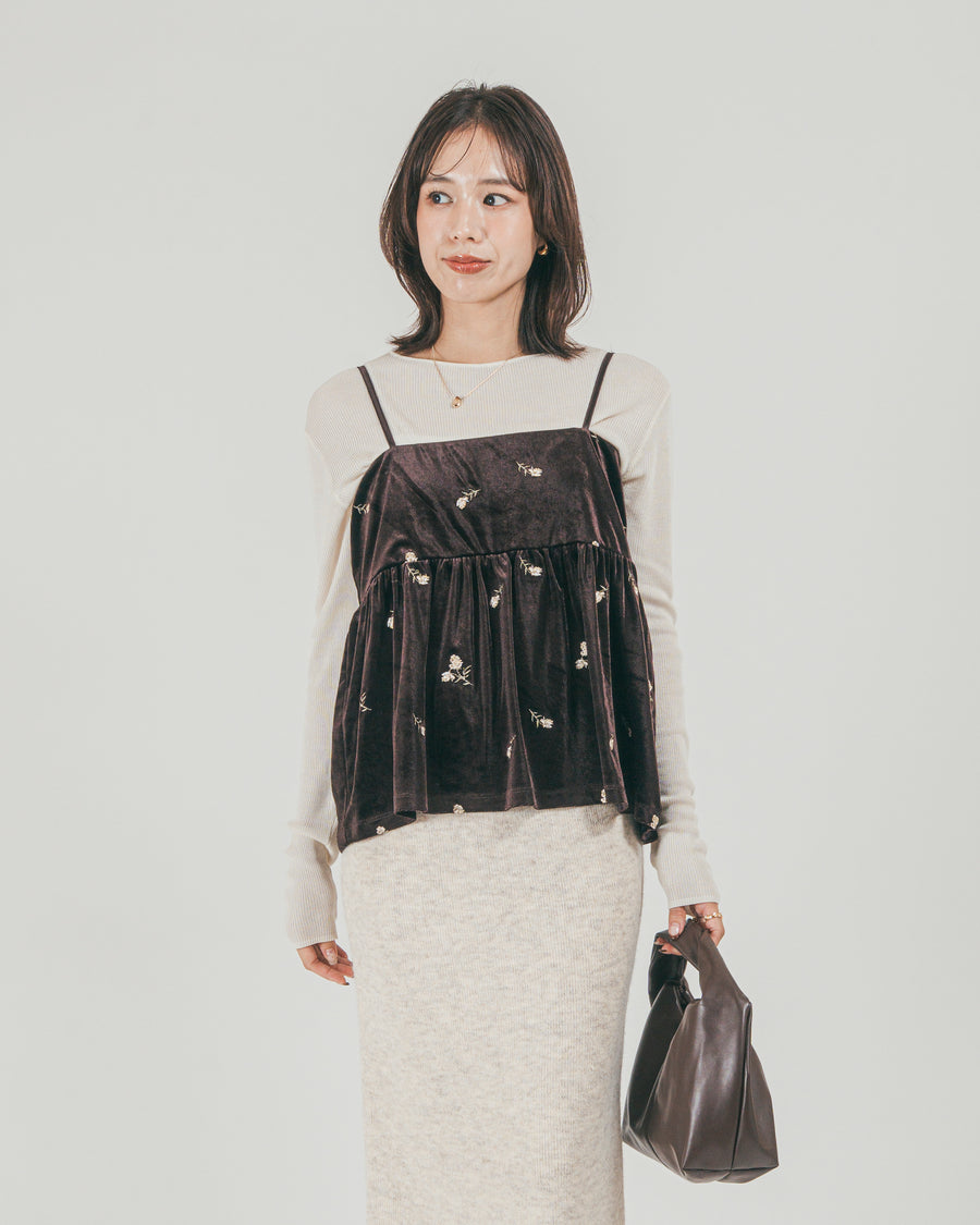 ［SET］Flower刺繍 ベロアペプラムキャミ + モヘア Narrowニットスカート（2SET）
